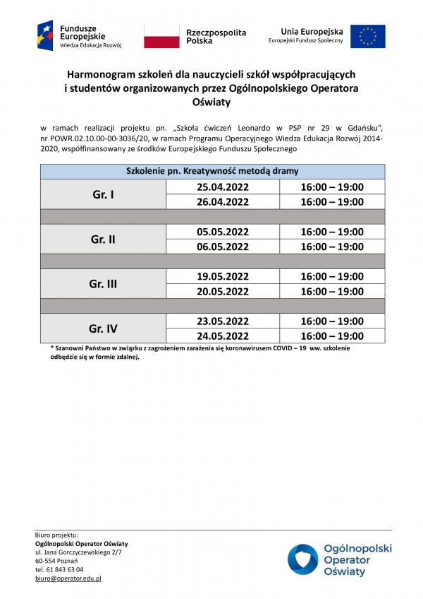 Harmonogram szkolen kreatywnosc metoda dramy kwiecien maj 2022